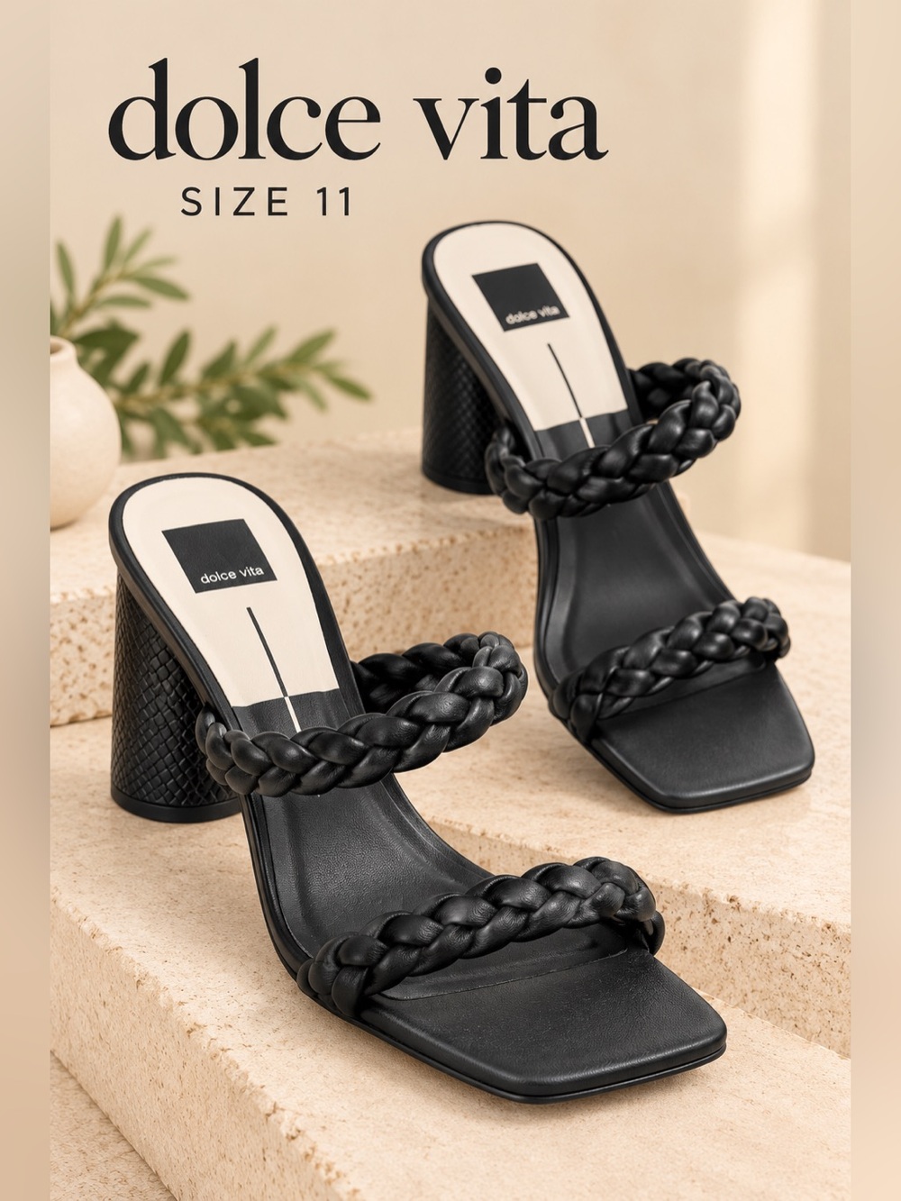 Dolce Vita Black Braided Double Strap Block Heel Sandals Size 11